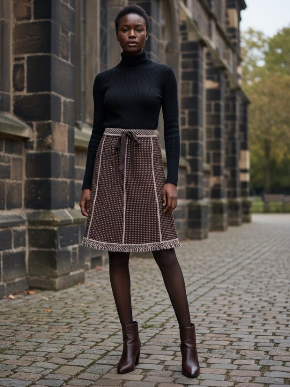 NEESH ANTHROPOLOGIE Tweed Mini Skirt M Brown Fringe Hem Textured Academia Preppy